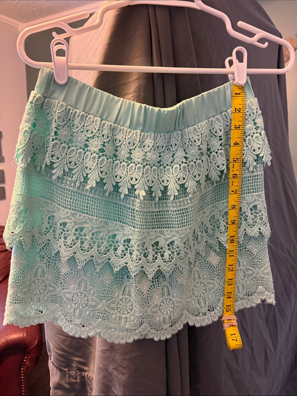 english rose Mint Crochet Lace Tiered Mini Skirt